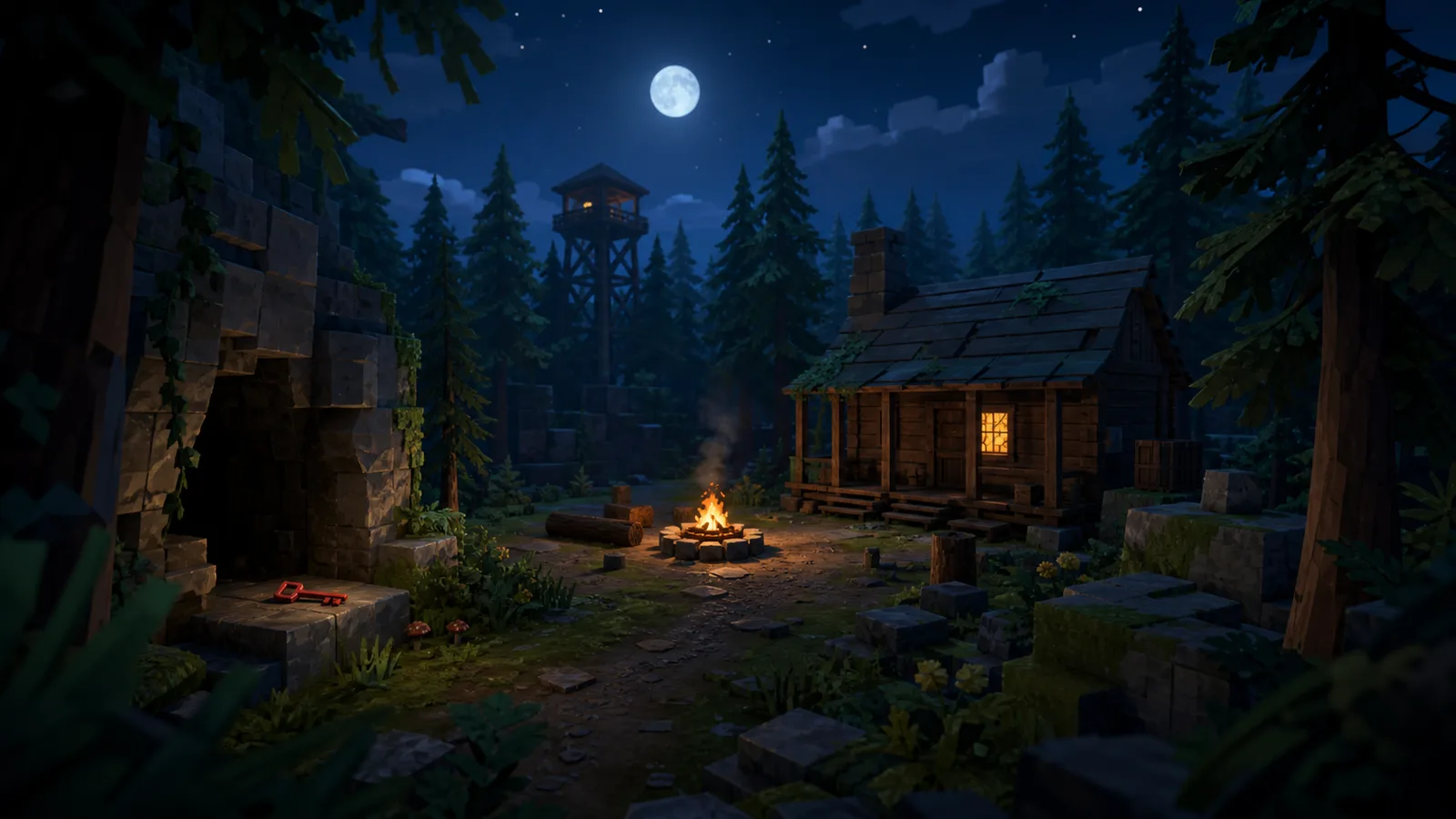 Original editorial artwork of a moonlit forest camp and cabin