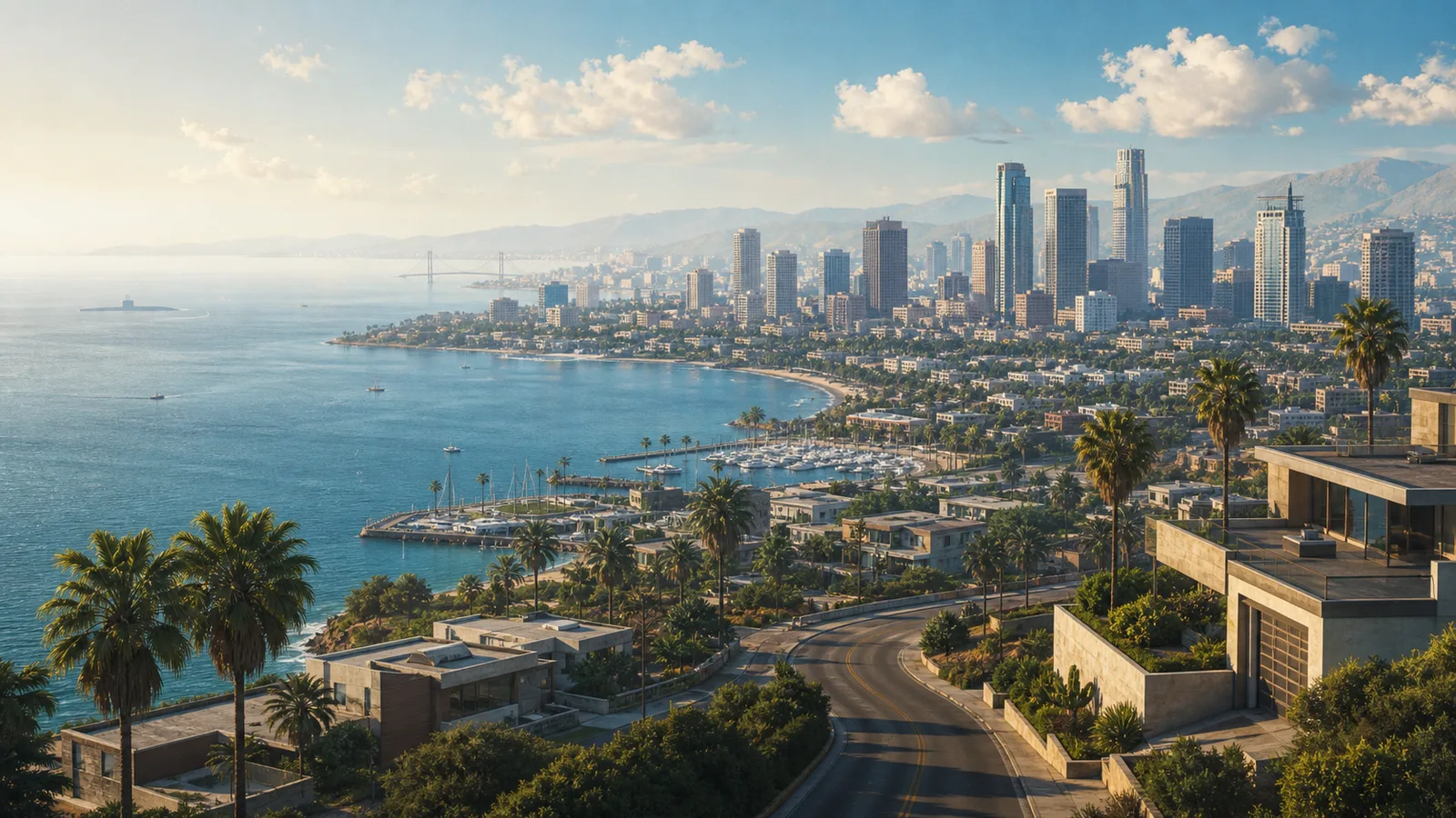 Original editorial artwork of a sunlit coastal city and marina