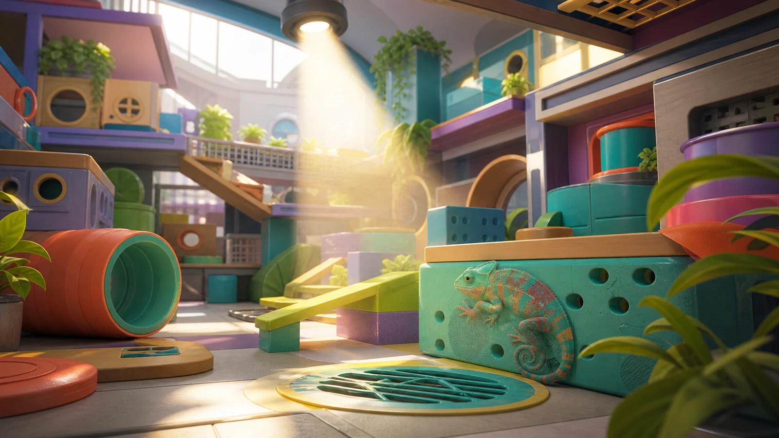 Original editorial artwork of a camouflaged chameleon in a colorful hide-and-seek arena