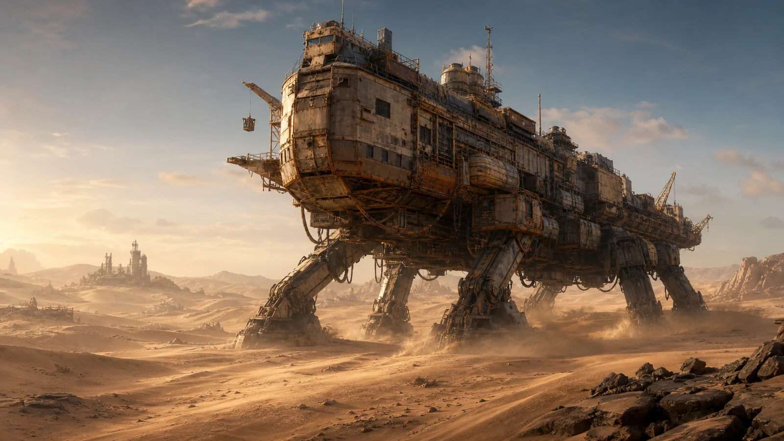 Original editorial artwork of a walking landship crossing sunlit desert dunes